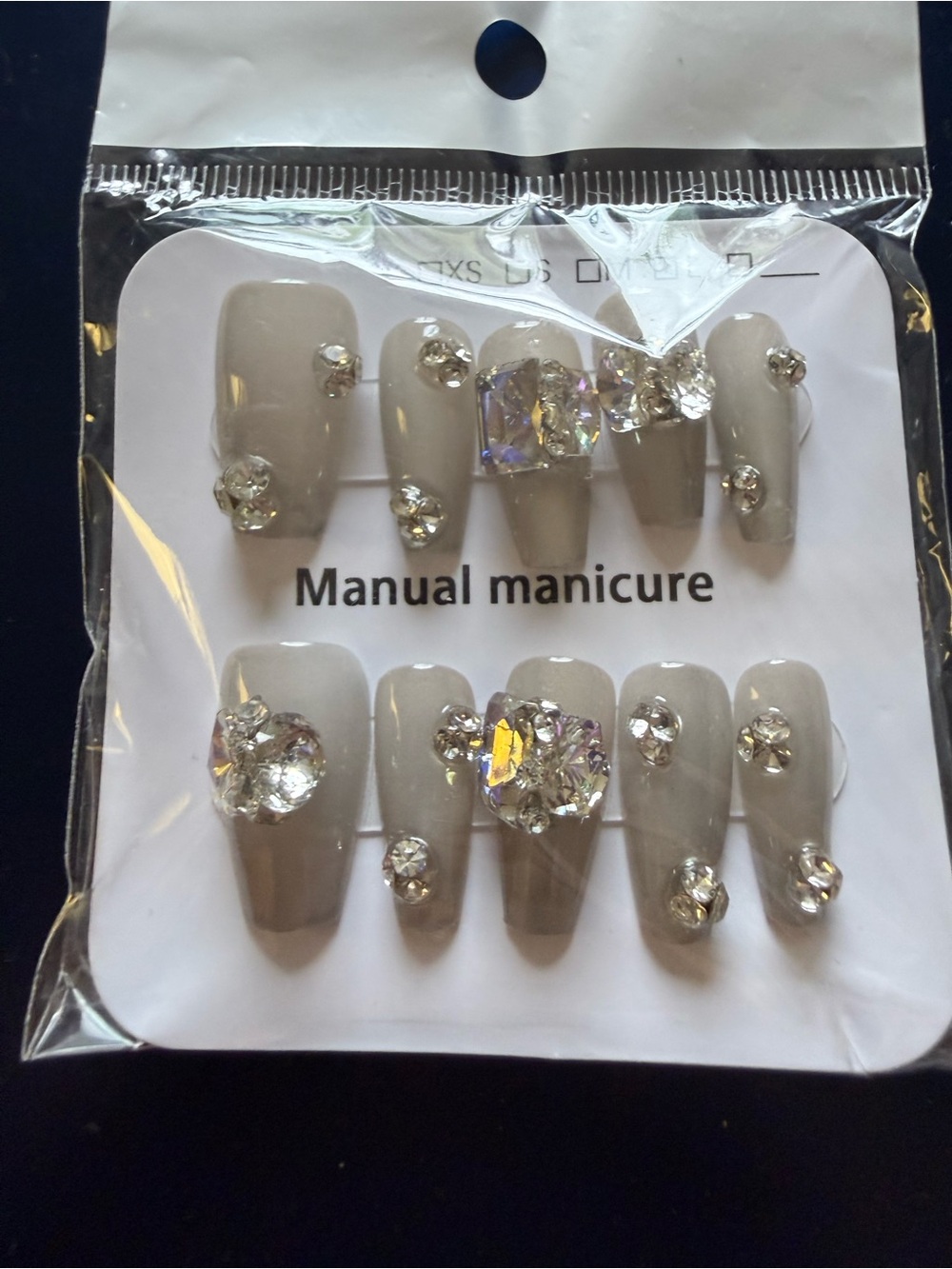 Handmade Acrylic Overlay Manual Manicure Gray Rhinestone Press-On Nail Set